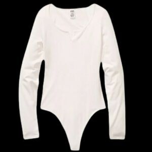 Victorias Secret Pink Soft Cotton Long Sleeve Bodysuit Shirt Top Ivory
